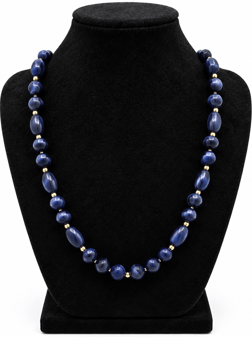 Navy Blue Beaded Necklace Gold Tone Spacer Beads Long Statement Costume Jewelry
